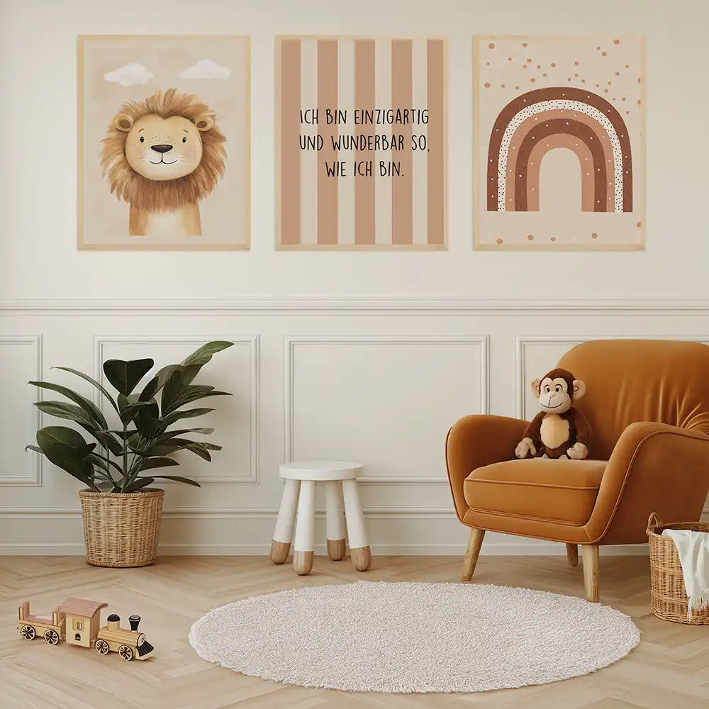 Poster 3er-Set - Löwe, Regenbogen & Selbstwert Affirmation fürs Kinderzimmer