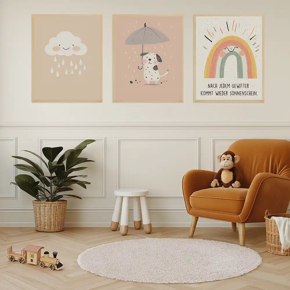 Poster 3er-Set - Wolke, Hund im Regen & Regenbogen fürs Kinderzimmer