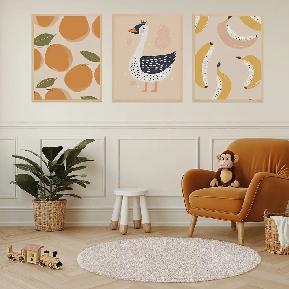Poster 3er-Set - Orangen, Schwan & Bananen fürs Kinderzimmer