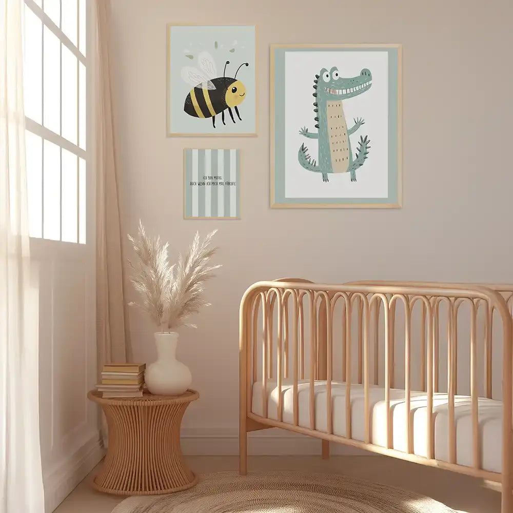 Poster 3er-Set - Biene, Krokodil & Mut Affirmation fürs Kinderzimmer