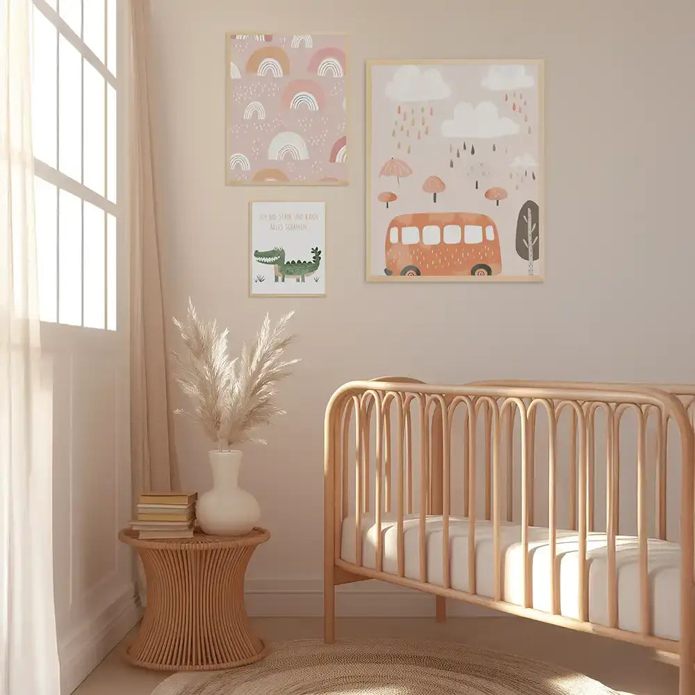 Poster 3er-Set - Regenbögen, Krokodil & Regenwetter fürs Kinderzimmer
