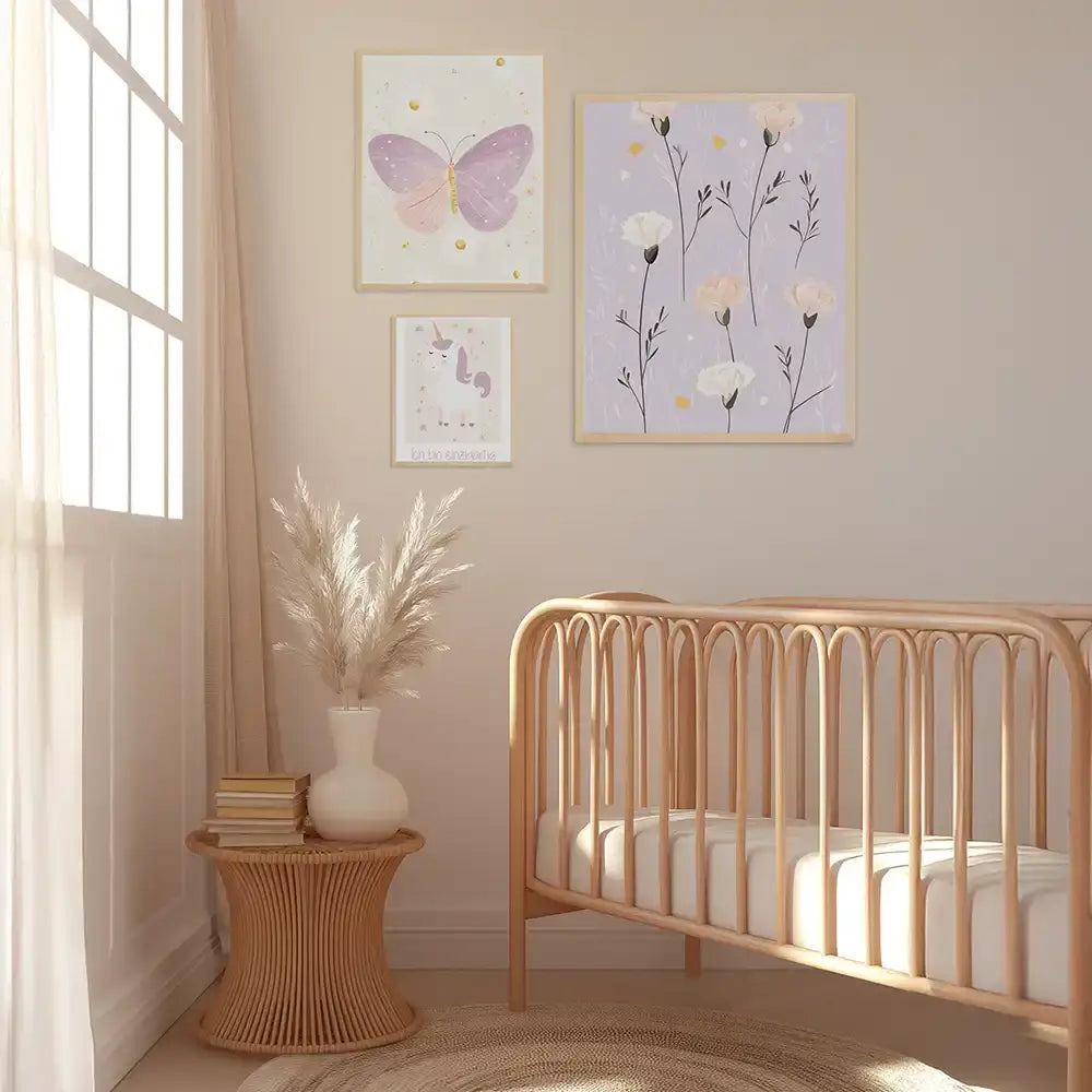 Poster 3er-Set - Schmetterling, Einhorn & Blumen fürs Kinderzimmer