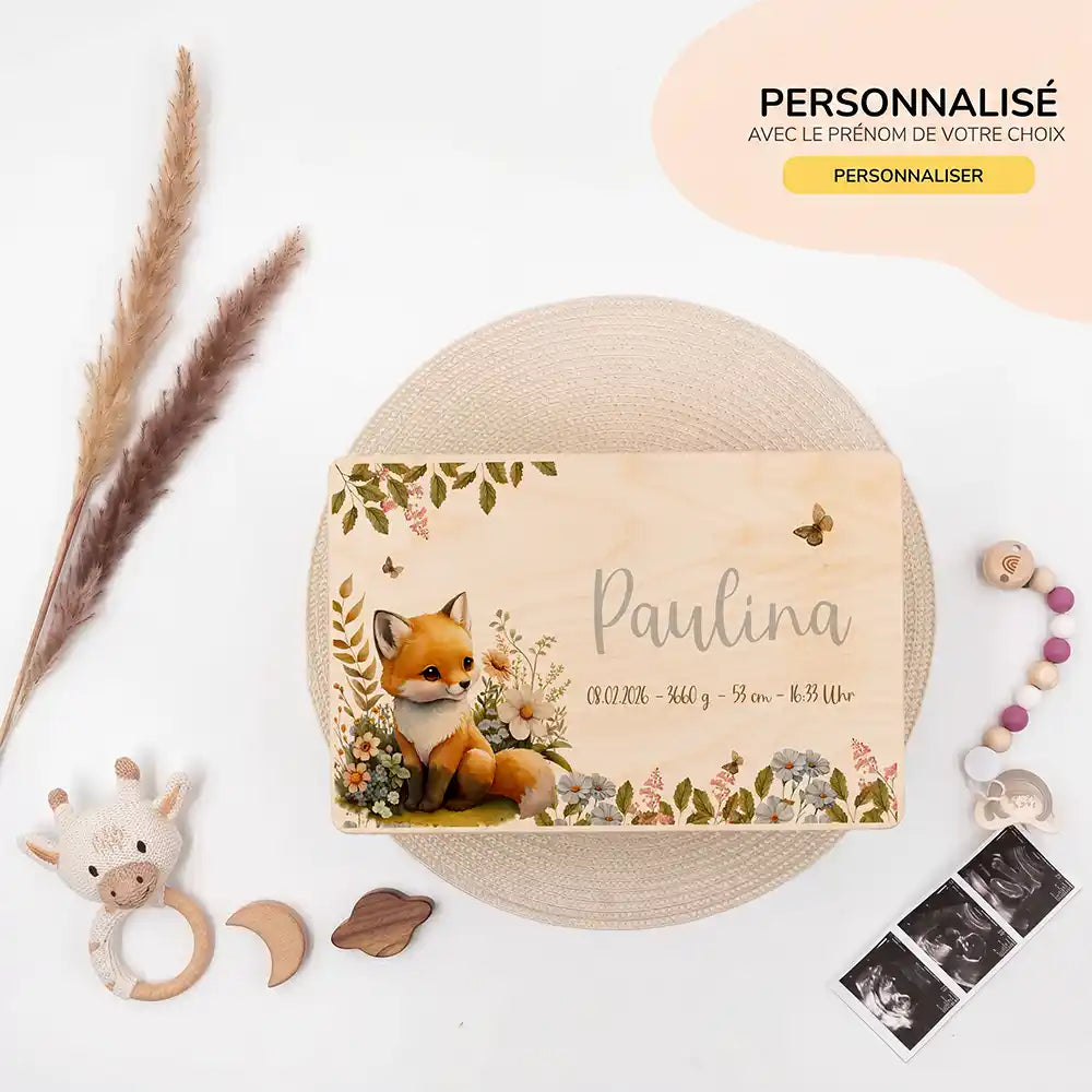Boîte à souvenirs bébé personnalisée Bébé renard – ambiance avec enfant dans la chambre