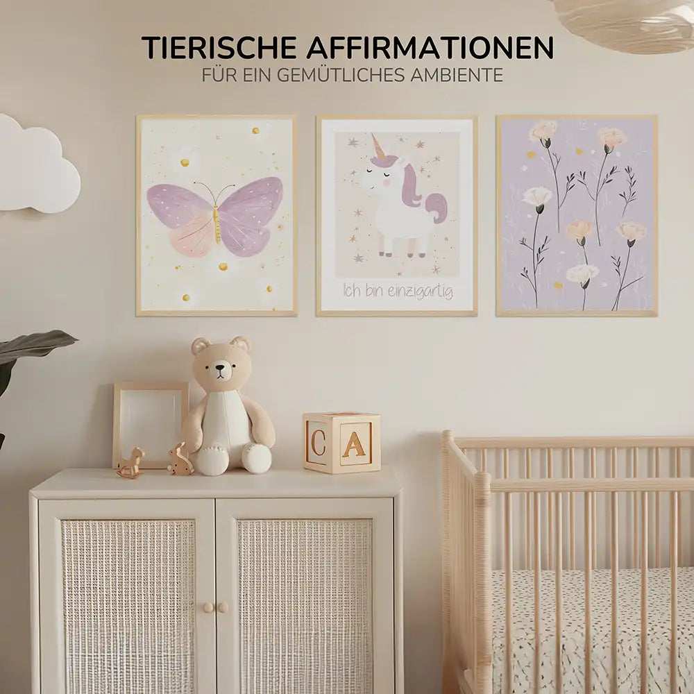 Poster 3er-Set - Schmetterling, Einhorn & Blumen fürs Kinderzimmer