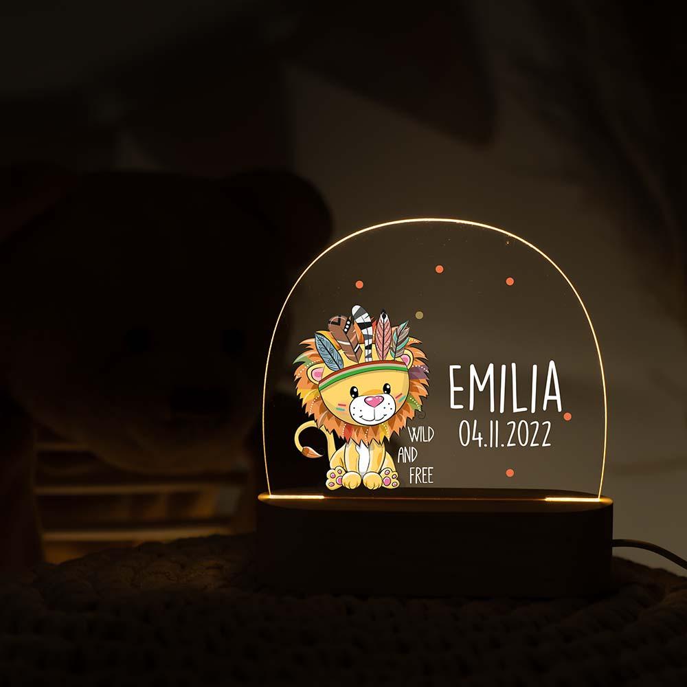 engraved night lamp with lion, feathers, and custom name
