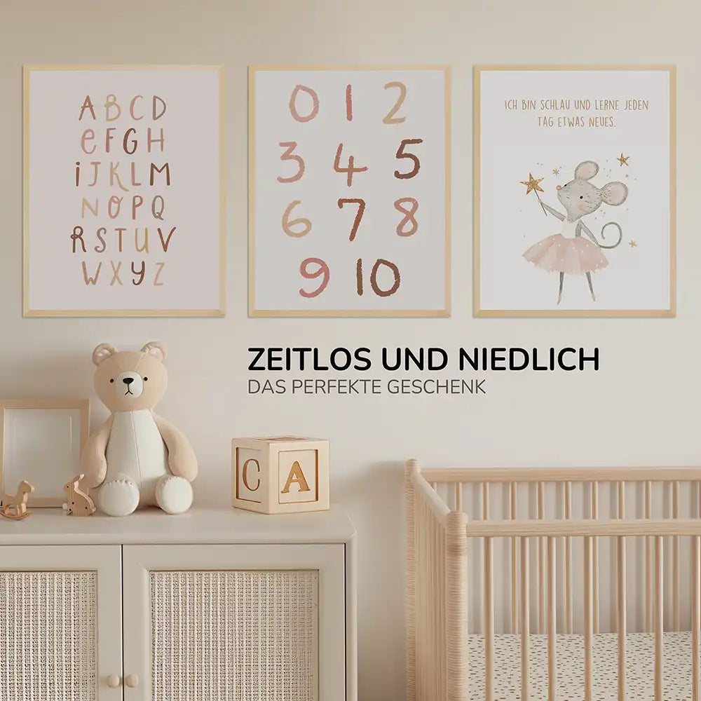Poster 3er-Set - ABC, Zahlen & Maus Affirmation fürs Kinderzimmer