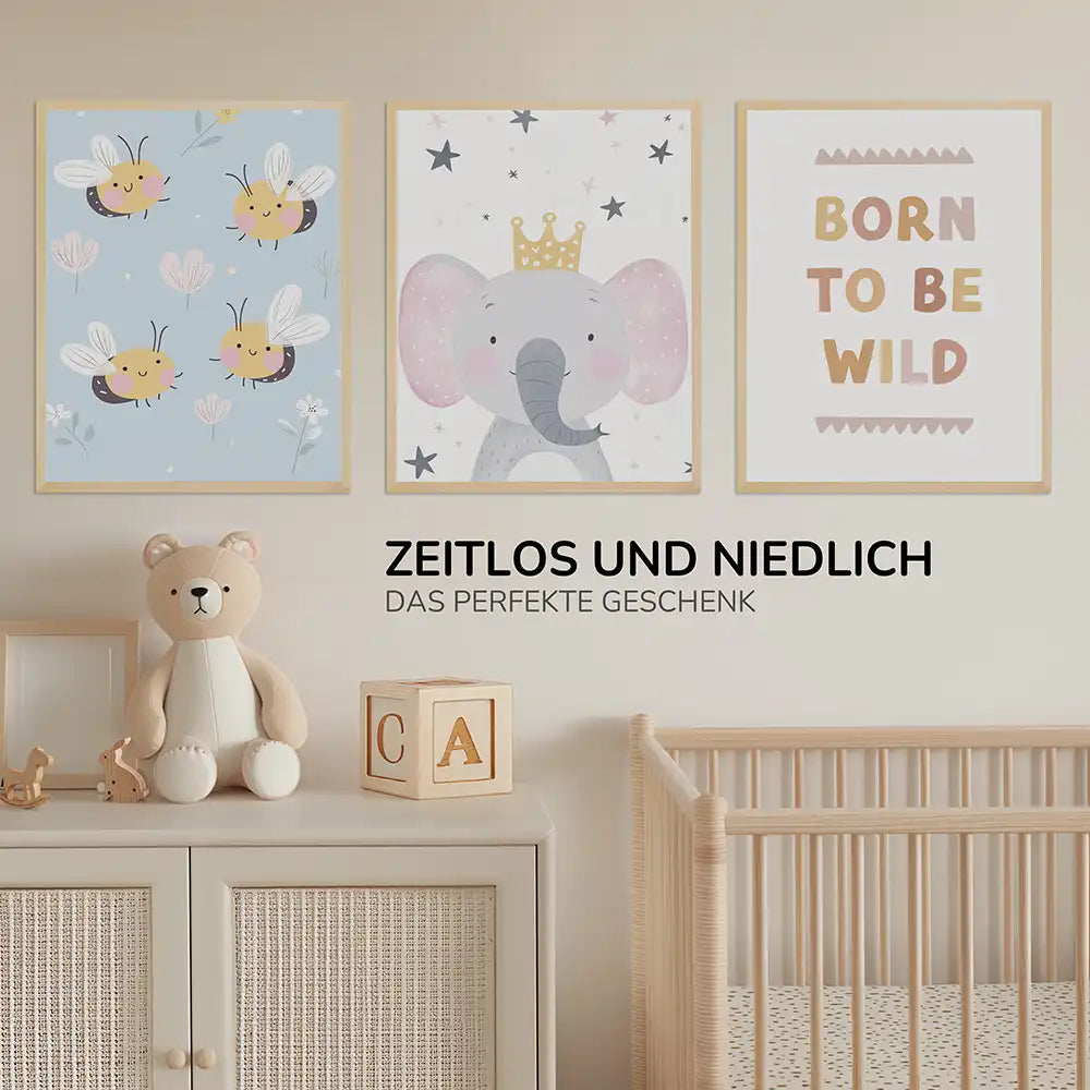 Poster 3er-Set - Bienen, Elefant & "Born to be wild" fürs Kinderzimmer