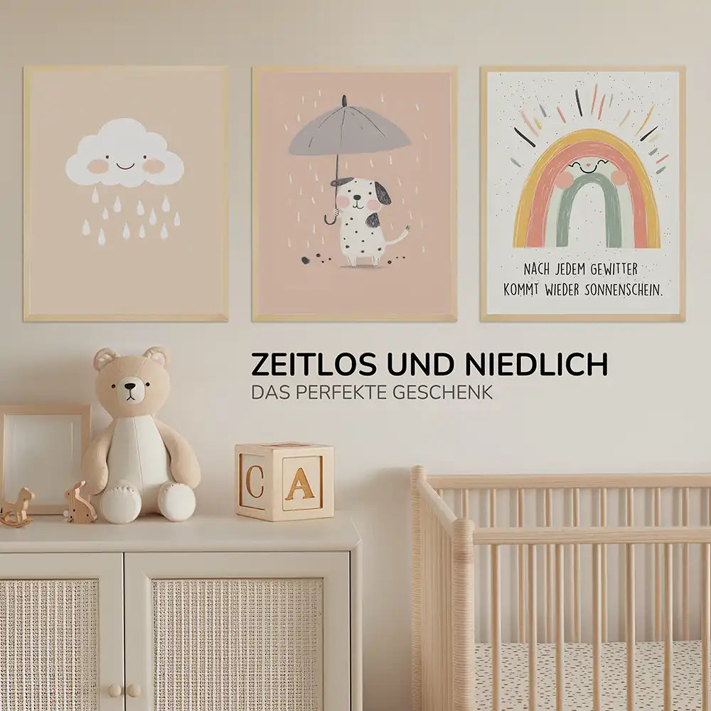 Poster 3er-Set - Wolke, Hund im Regen & Regenbogen fürs Kinderzimmer