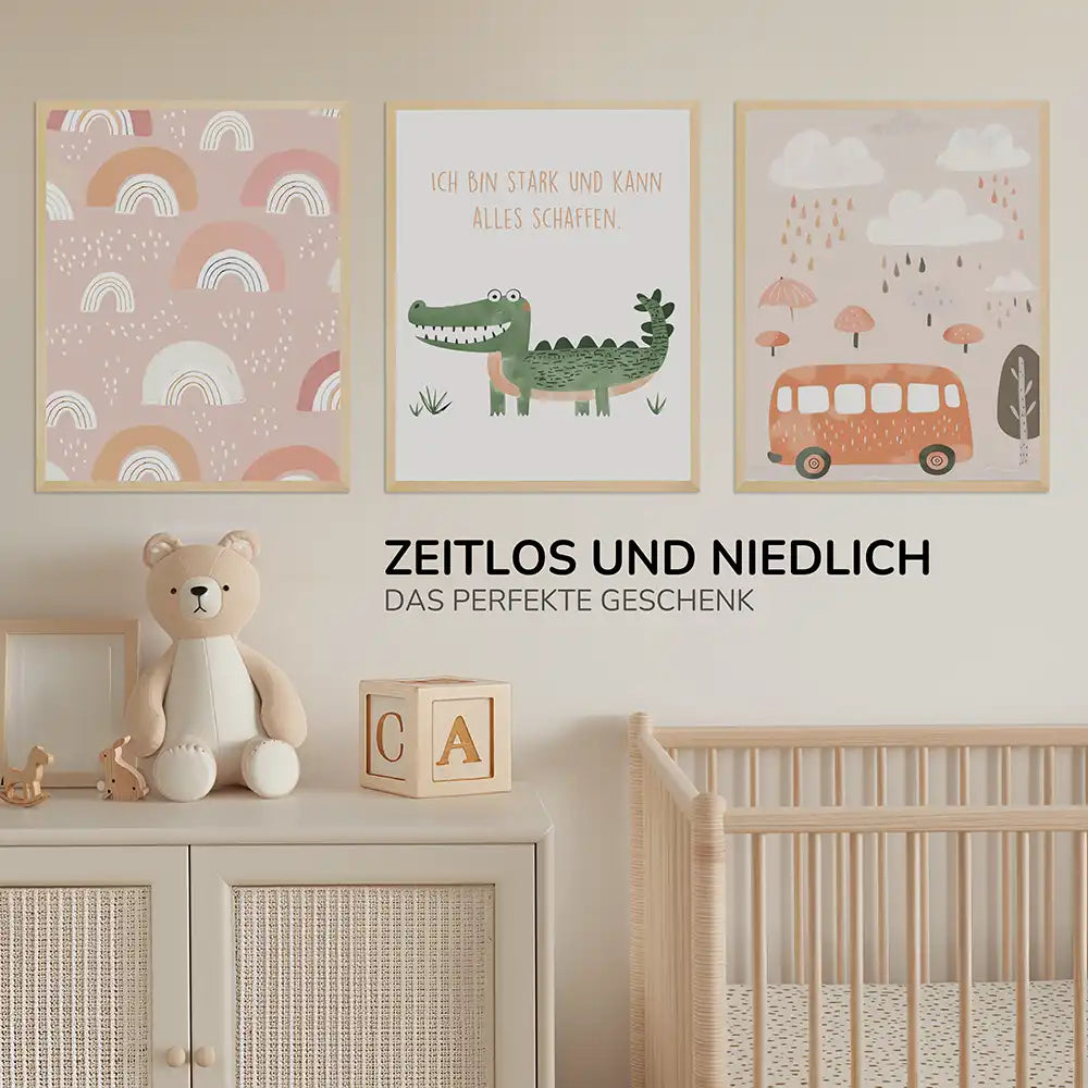 Poster 3er-Set - Regenbögen, Krokodil & Regenwetter fürs Kinderzimmer
