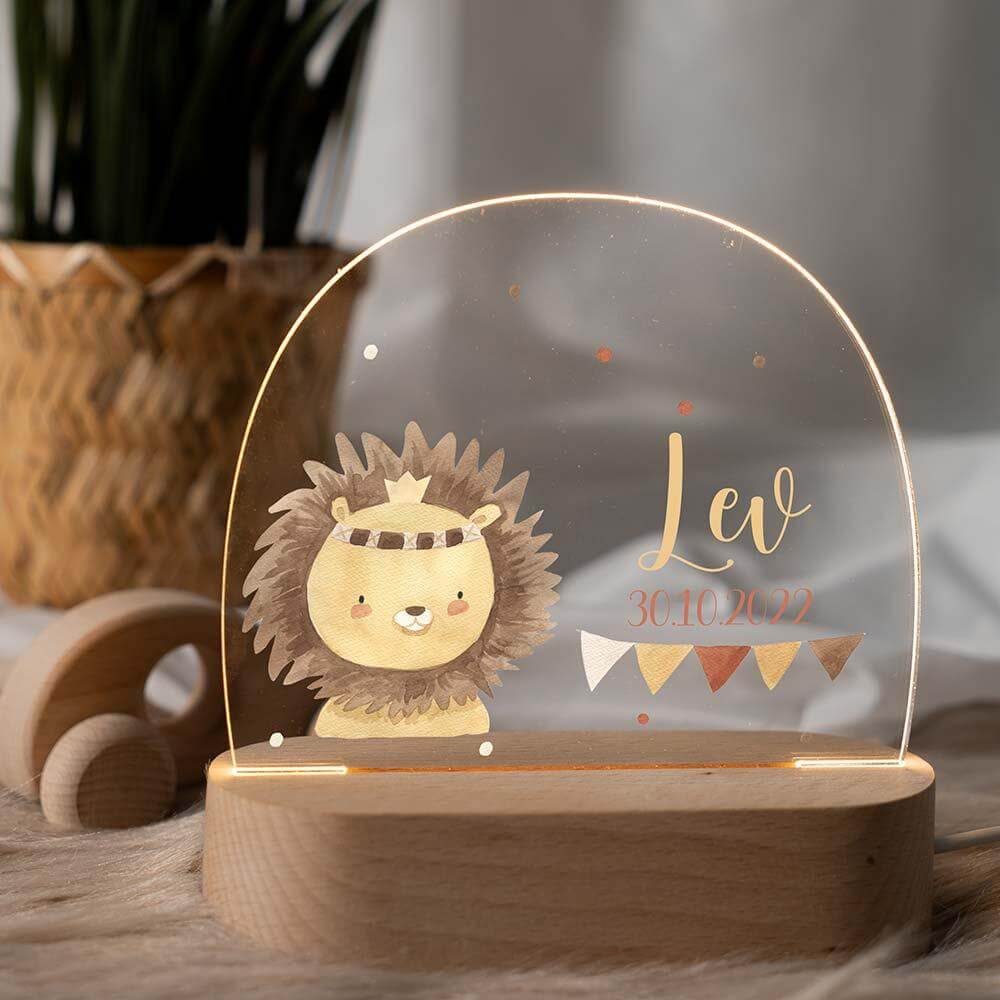personalized night lamp with baby lion, dots, and garland design