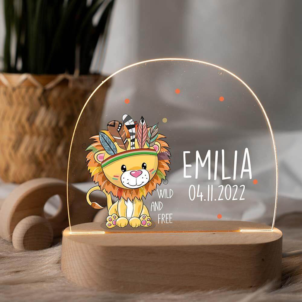 personalized night lamp with lion and feathers design