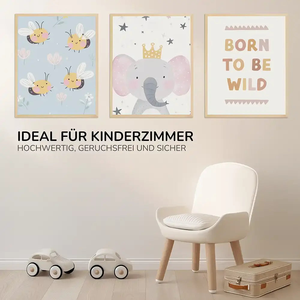 Poster 3er-Set - Bienen, Elefant & "Born to be wild" fürs Kinderzimmer