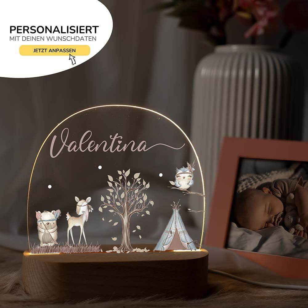 custom night lamp with woodland animal, deer, tipi, and tree design