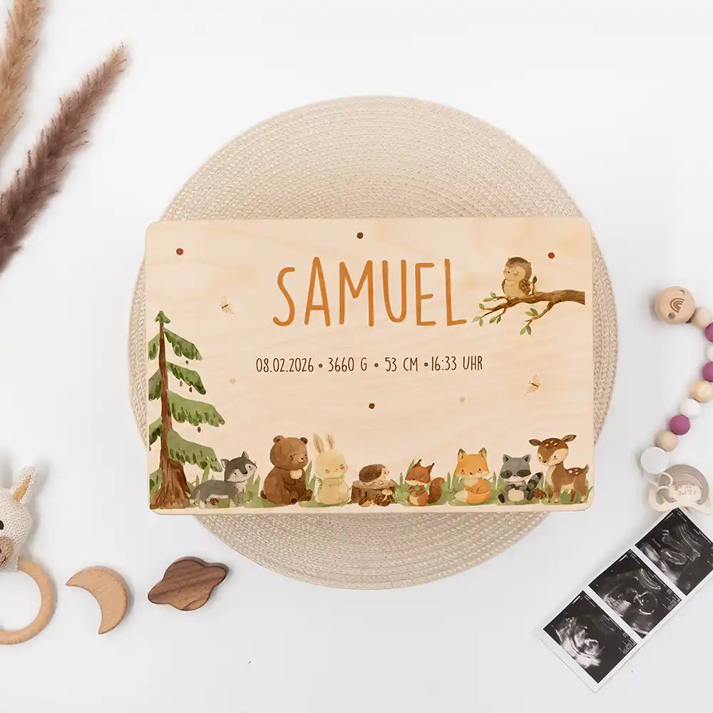 Boîte à souvenirs bébé personnalisée Animaux de la forêt – ambiance chambre de bébé