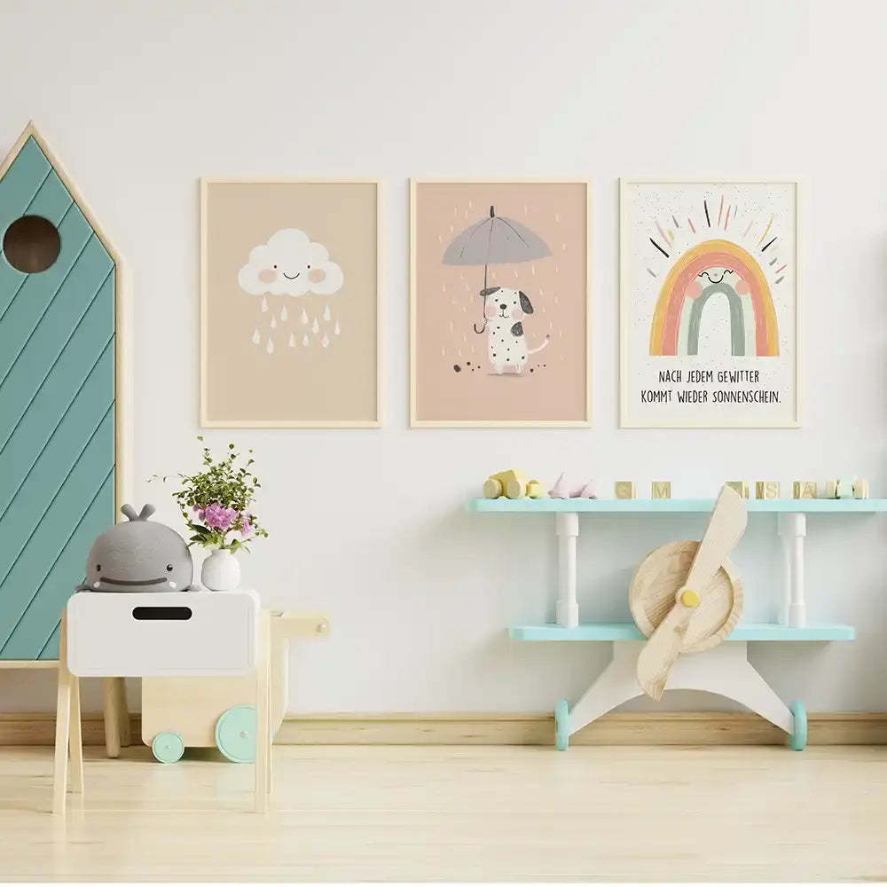 Poster 3er-Set - Wolke, Hund im Regen & Regenbogen fürs Kinderzimmer