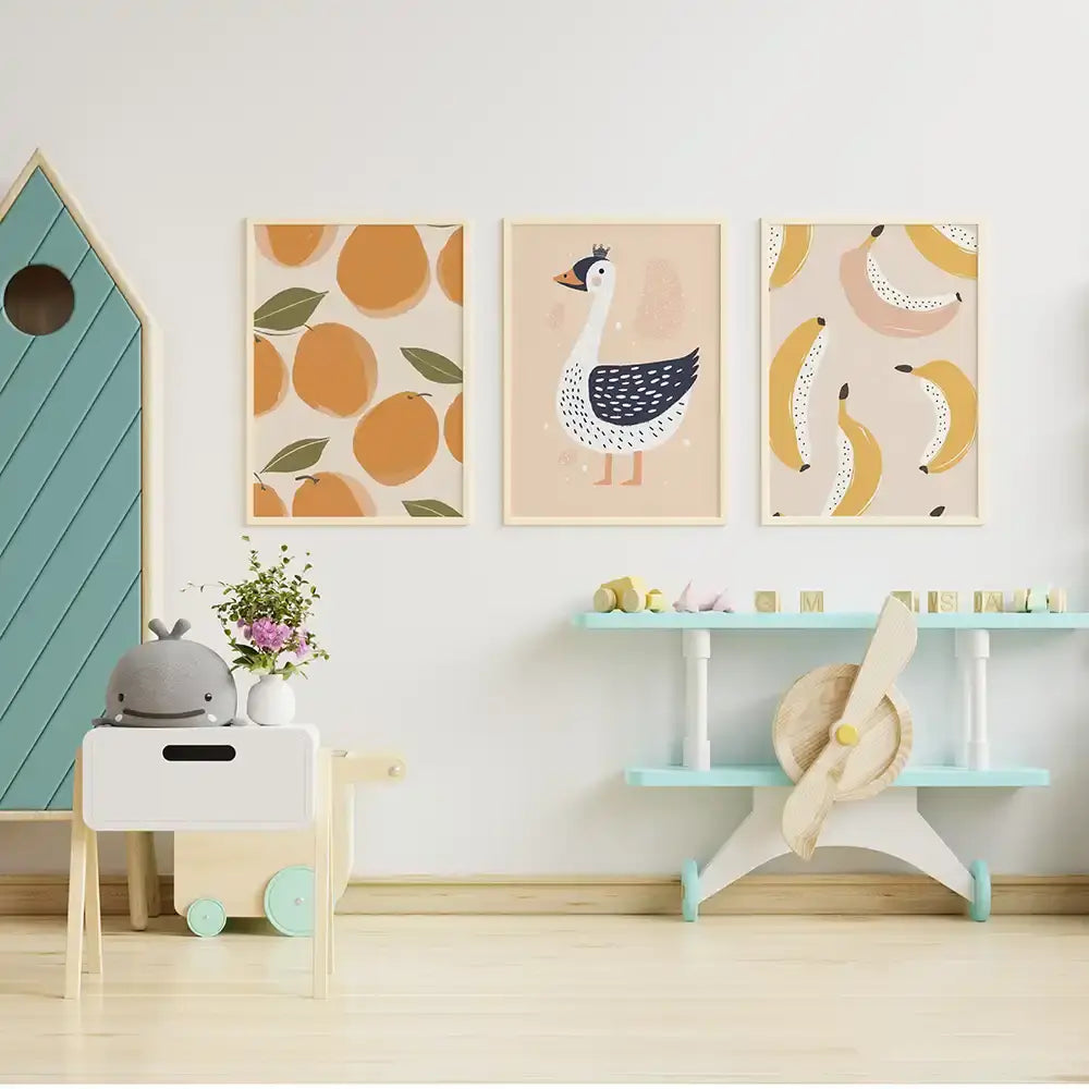 Poster 3er-Set - Orangen, Schwan & Bananen fürs Kinderzimmer