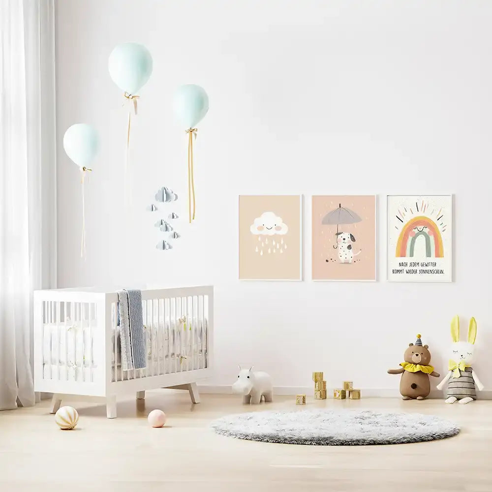 Poster 3er-Set - Wolke, Hund im Regen & Regenbogen fürs Kinderzimmer