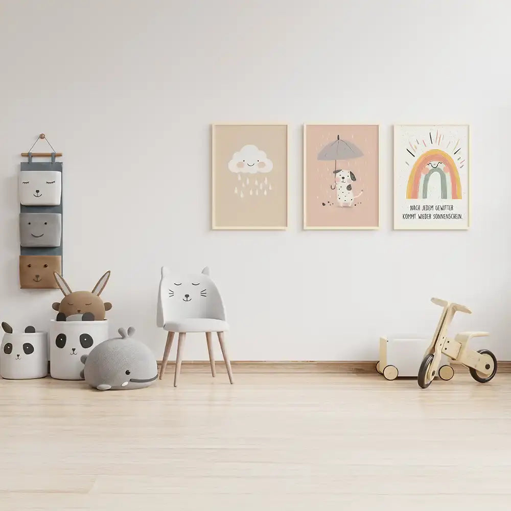 Poster 3er-Set - Wolke, Hund im Regen & Regenbogen fürs Kinderzimmer