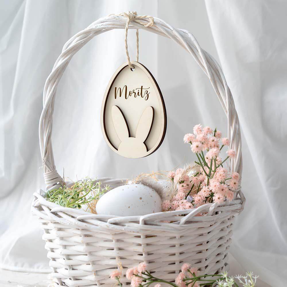 close-up of wooden Easter decoration with personalized name