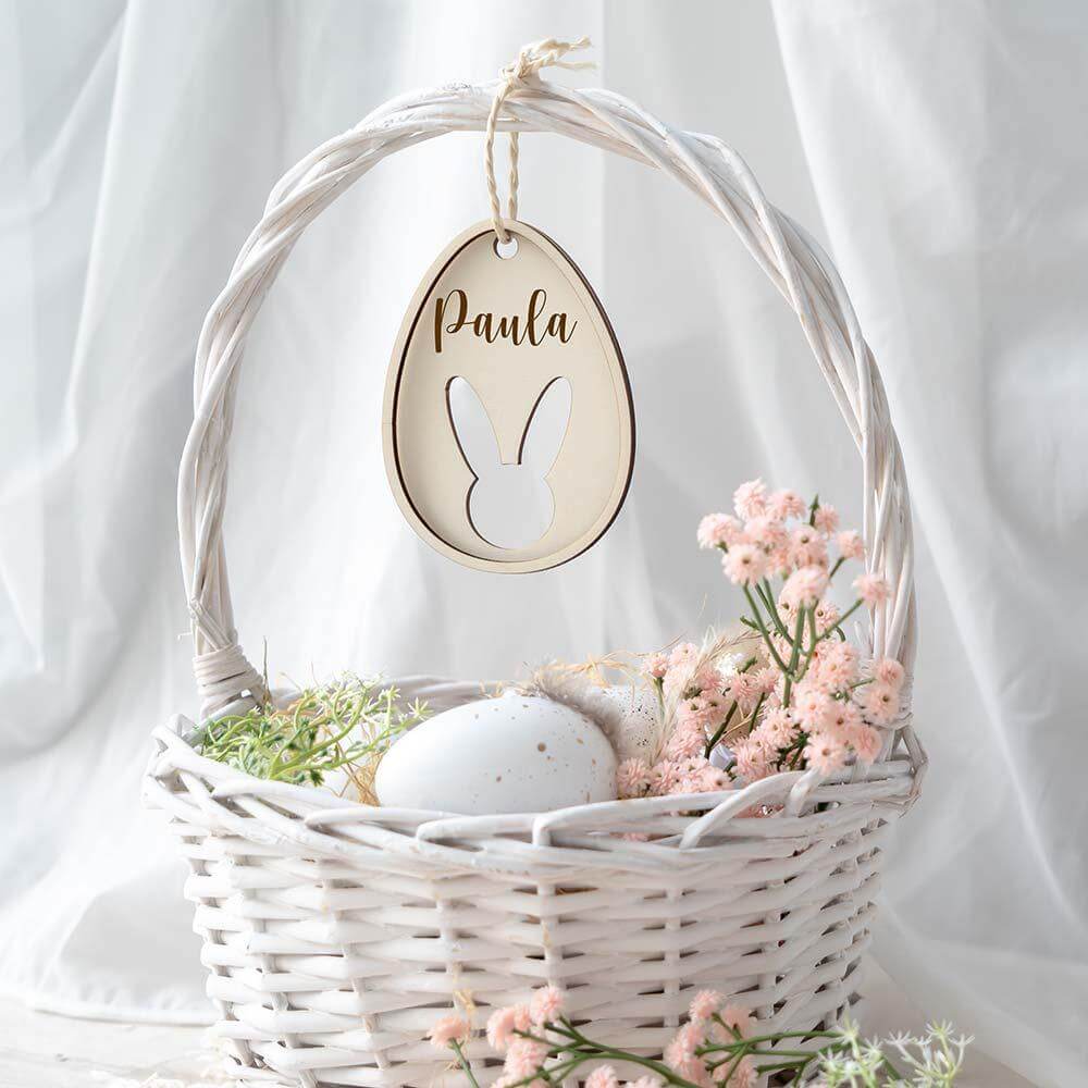 close-up of wooden Easter decoration with personalized name