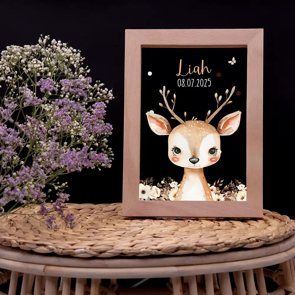 Personalisiertes LED Nachtlicht Bilderrahmen mit Namen - Baby Reh