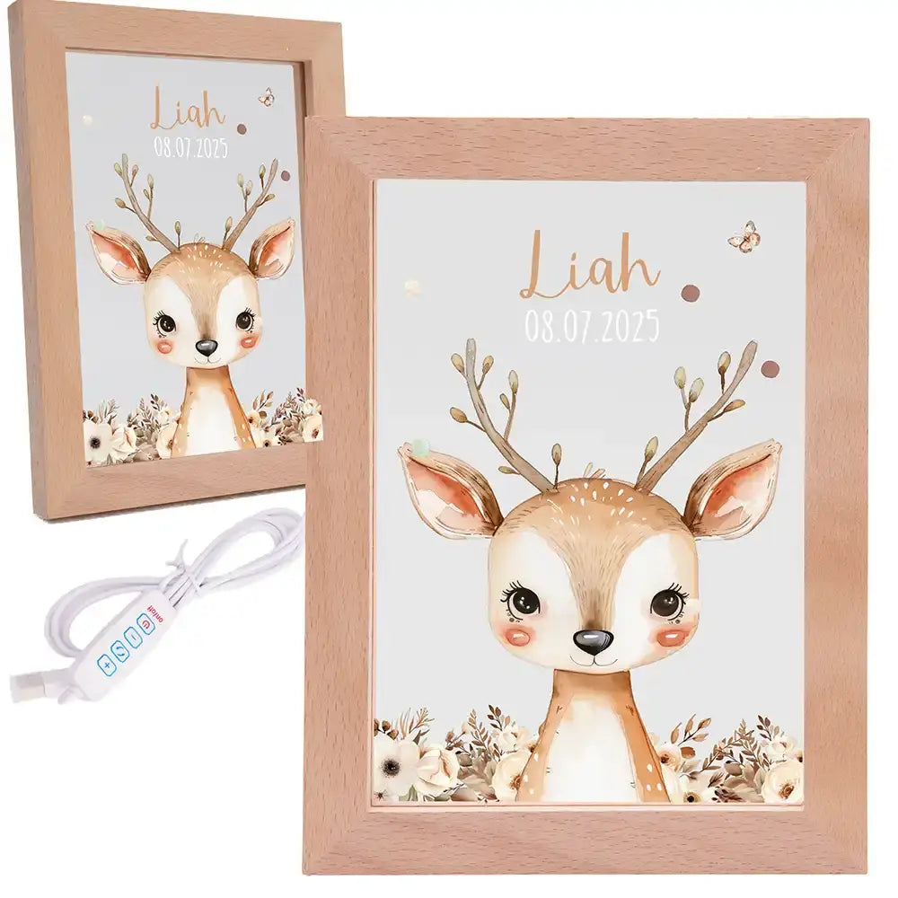 Personalisiertes LED Nachtlicht Bilderrahmen mit Namen - Baby Reh