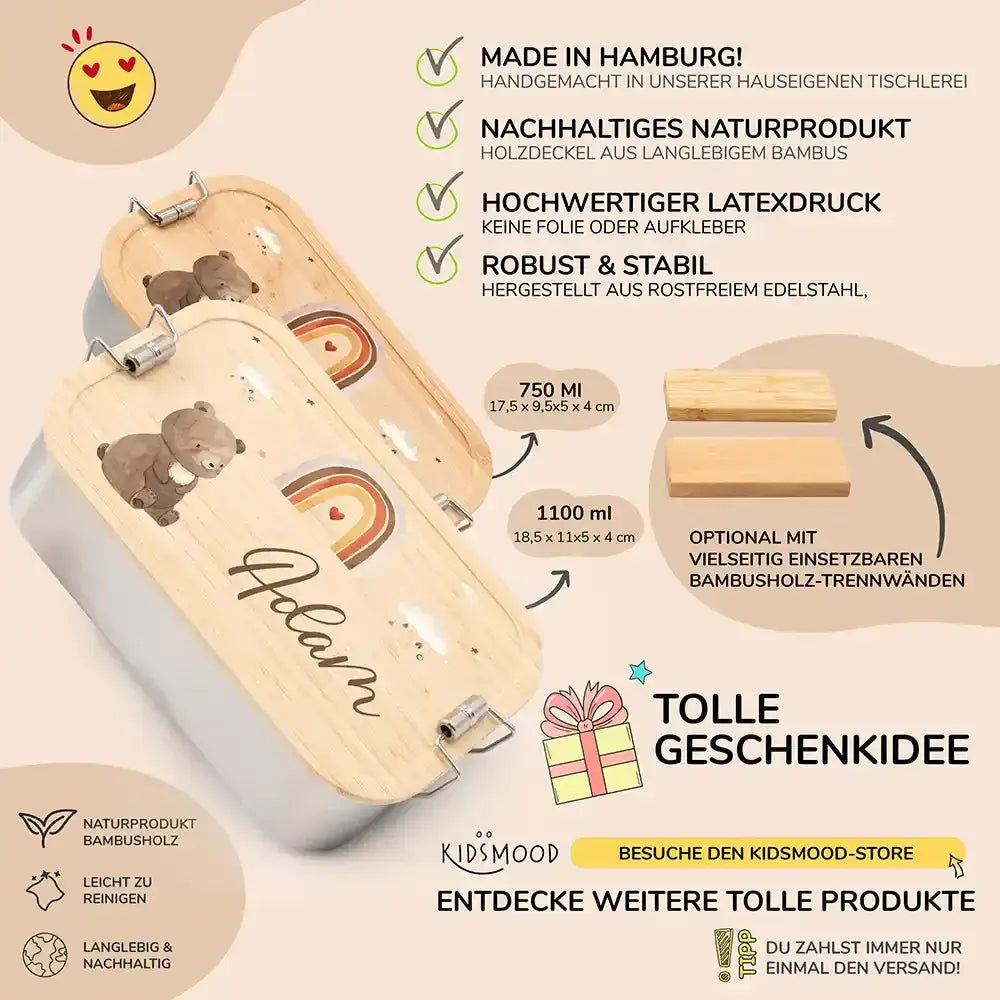 detailansicht der gravierten boho bär und regenbogen motive auf brotdose