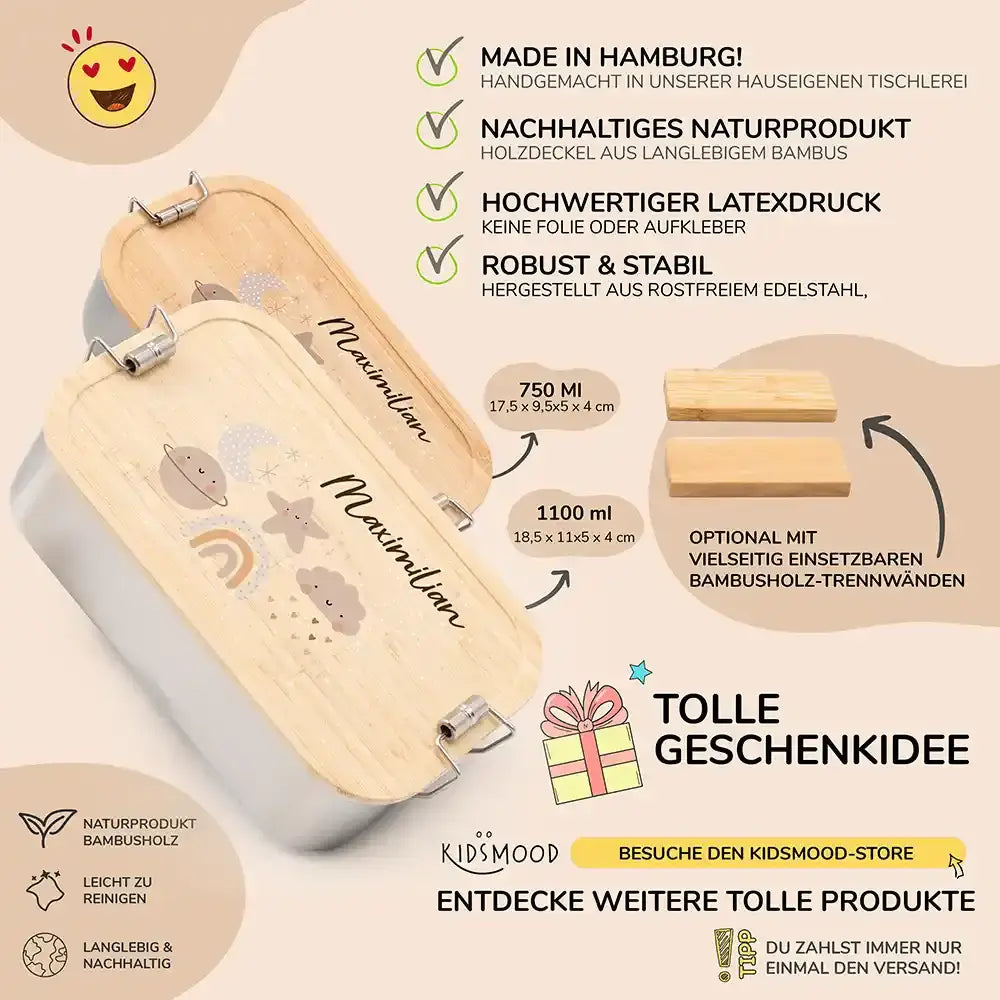 detailansicht der gravierten mond, wolke, stern und regenbogen motive auf brotdose