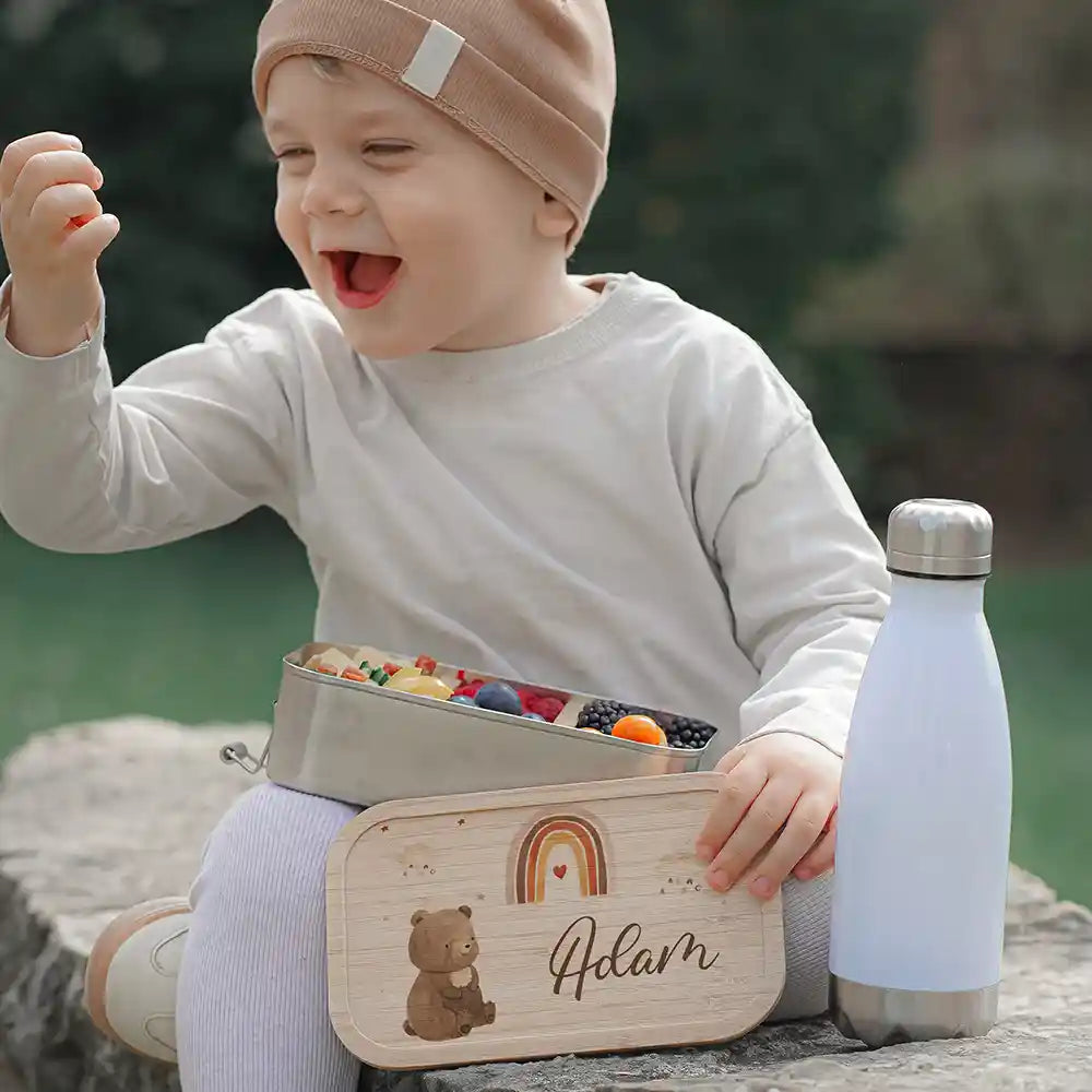 Brotdose Kinder personalisiert - Boho Bär Regenbogen
