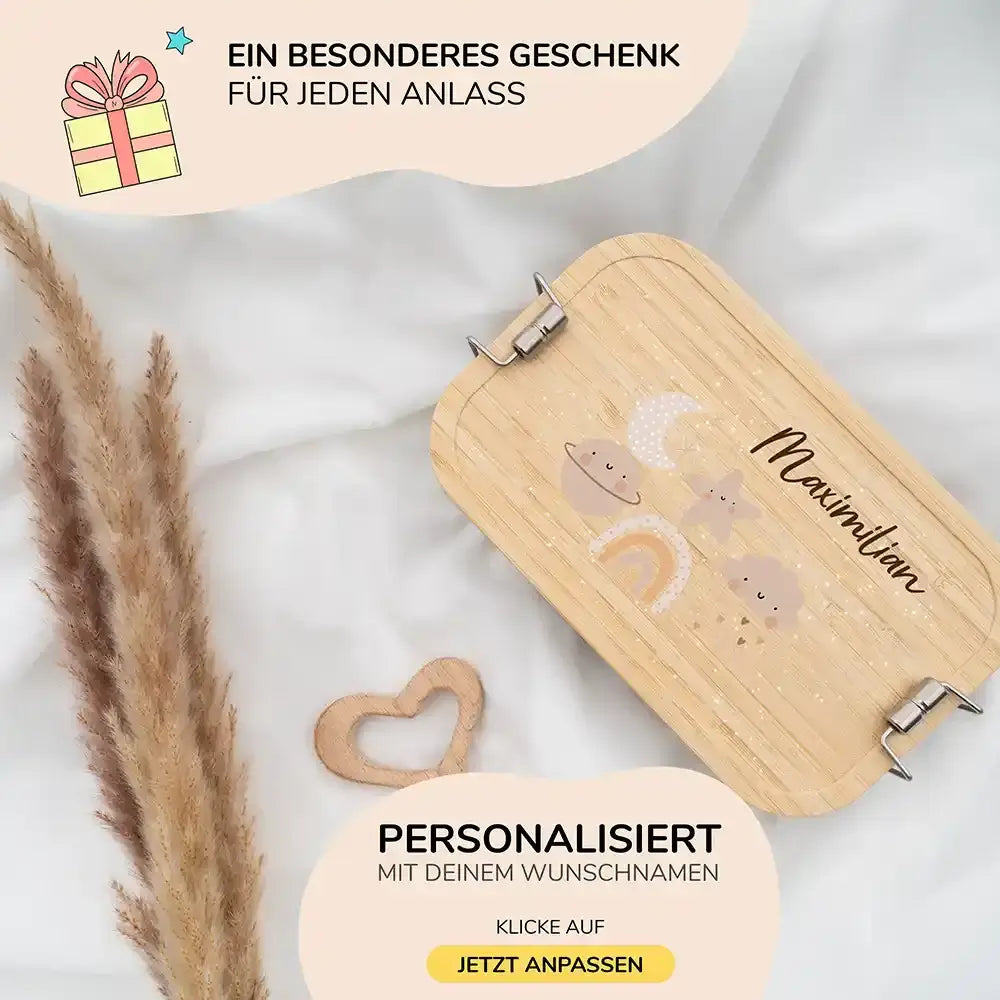 brotdose mit mond, wolke, stern und regenbogen motiv und individuellem namen