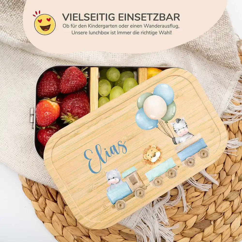 hochwertige brotdose mit tiere eisenbahn personalisiert
