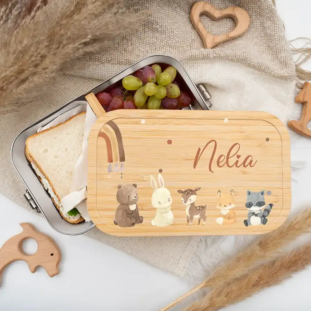 personalisierte brotdose mit boho tierfamilie und regenbogen design