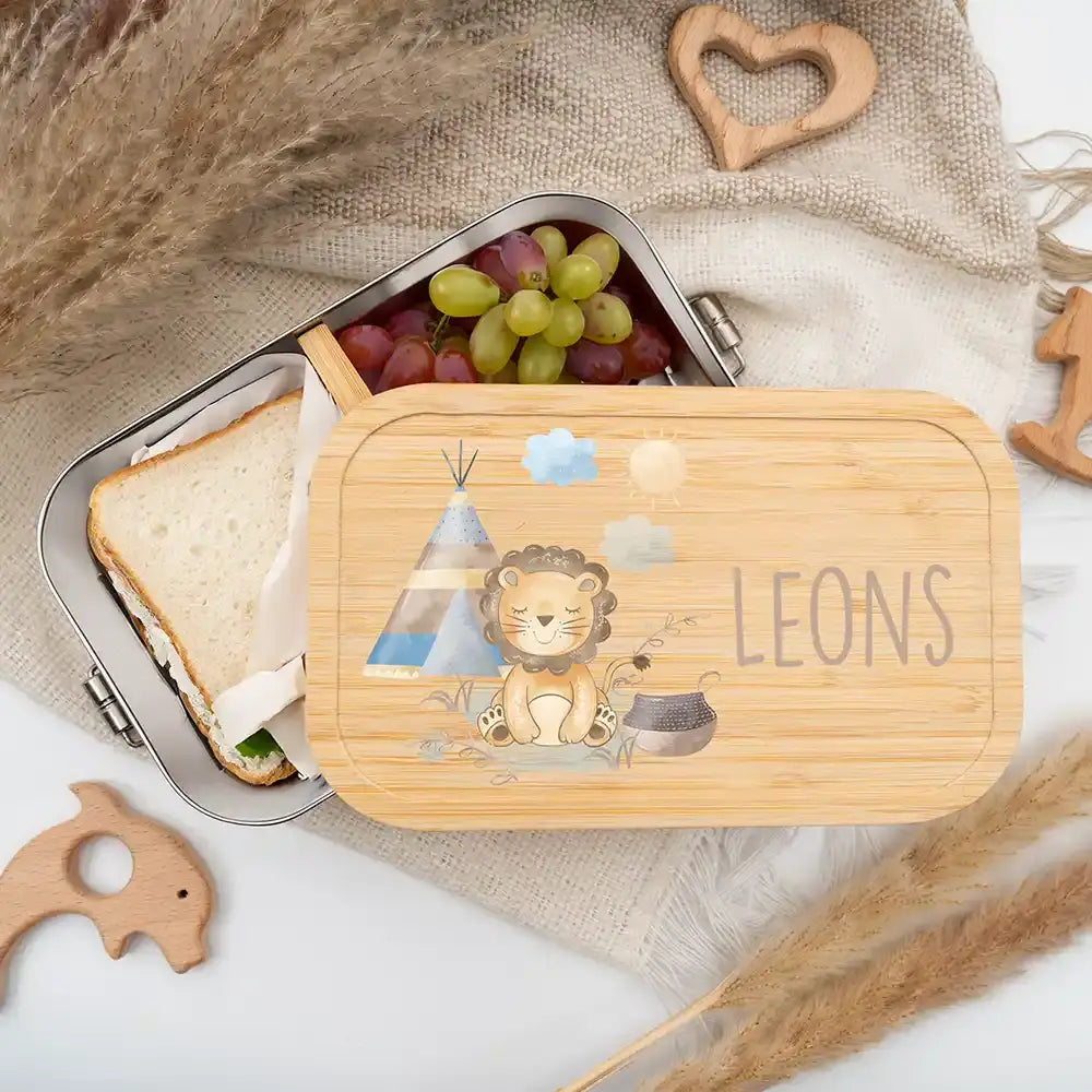 personalisierte brotdose mit tipi löwe design