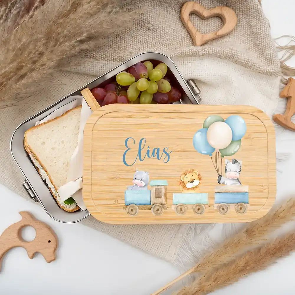 personalisierte brotdose mit tiere eisenbahn design