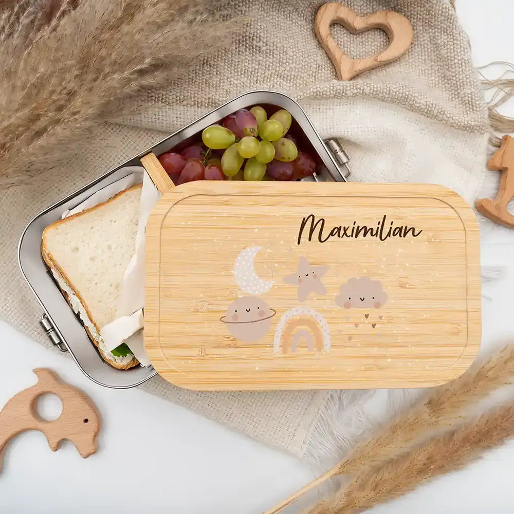 personalisierte brotdose mit mond, wolke, stern und regenbogen design