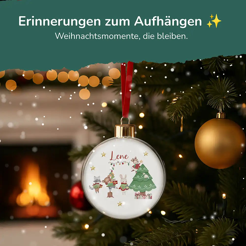 Weihnachtskugel personalisiert mit Namen - Kuschelige Tiere im Winterzauber