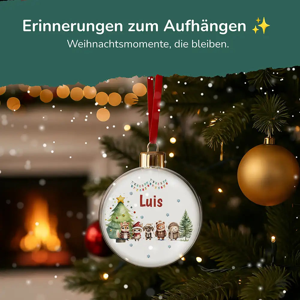 Weihnachtskugel personalisiert mit Namen - Zarte Waldfreunde mit Winterzauber