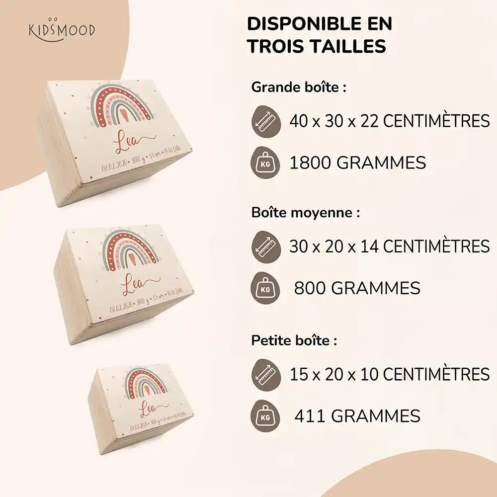 Boîte à souvenirs bébé personnalisée Arc-en-ciel boho – aperçu des trois tailles disponibles avec dimensions