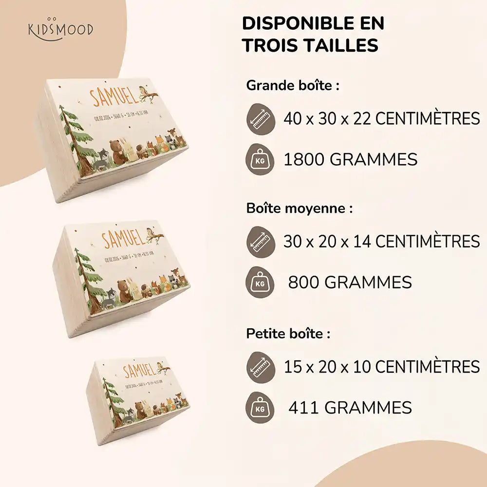 Boîte à souvenirs bébé personnalisée Animaux de la forêt – aperçu des trois tailles disponibles avec dimensions