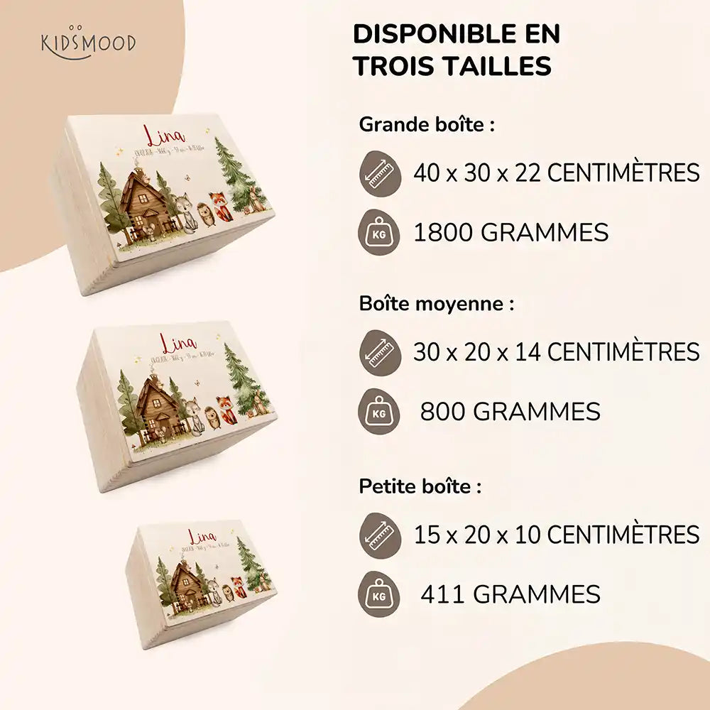 Boîte à souvenirs bébé personnalisée Cabane de la forêt – aperçu des trois tailles disponibles avec dimensions