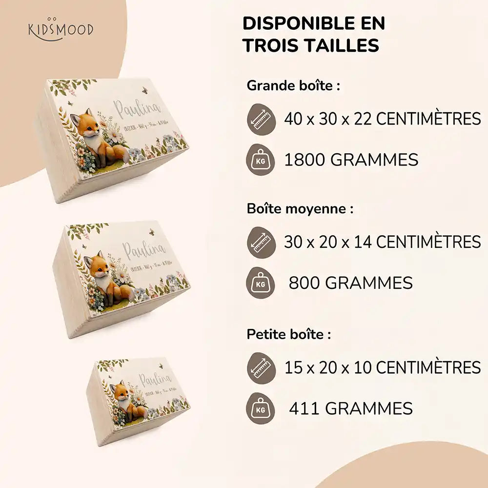 Boîte à souvenirs bébé personnalisée Bébé renard – aperçu des trois tailles disponibles avec dimensions