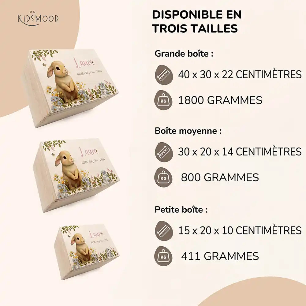 Boîte à souvenirs bébé personnalisée Petit lapin – aperçu des trois tailles disponibles avec dimensions