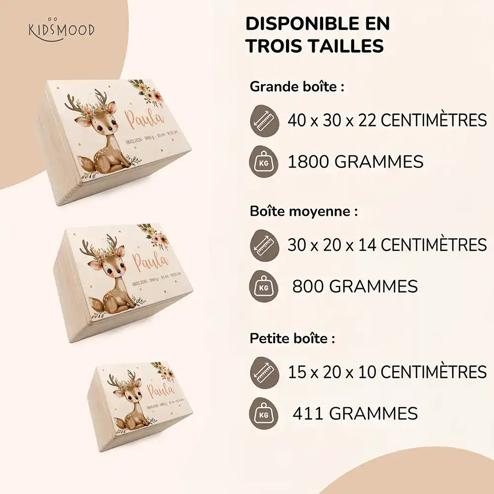 Boîte à souvenirs bébé personnalisée Faon couronne de fleurs – aperçu des trois tailles disponibles avec dimensions