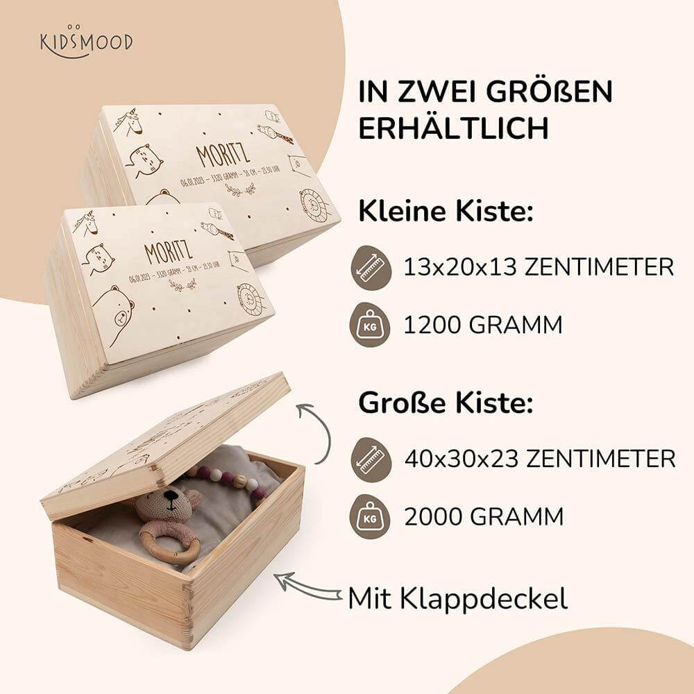 detailansicht der gravur auf der erinnerungskiste mit fröhlicher tierfamilie