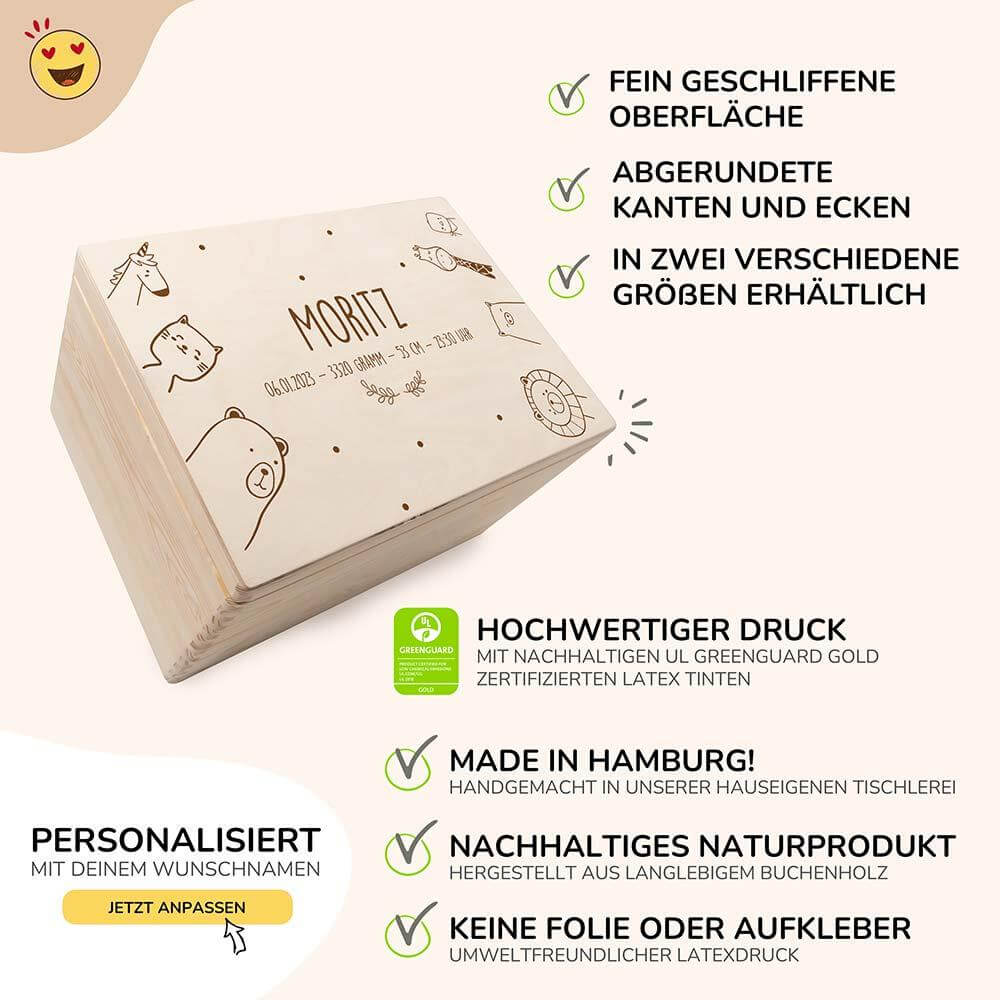 erinnerungskiste mit fröhlicher tierfamilie motiv und individuellem namen