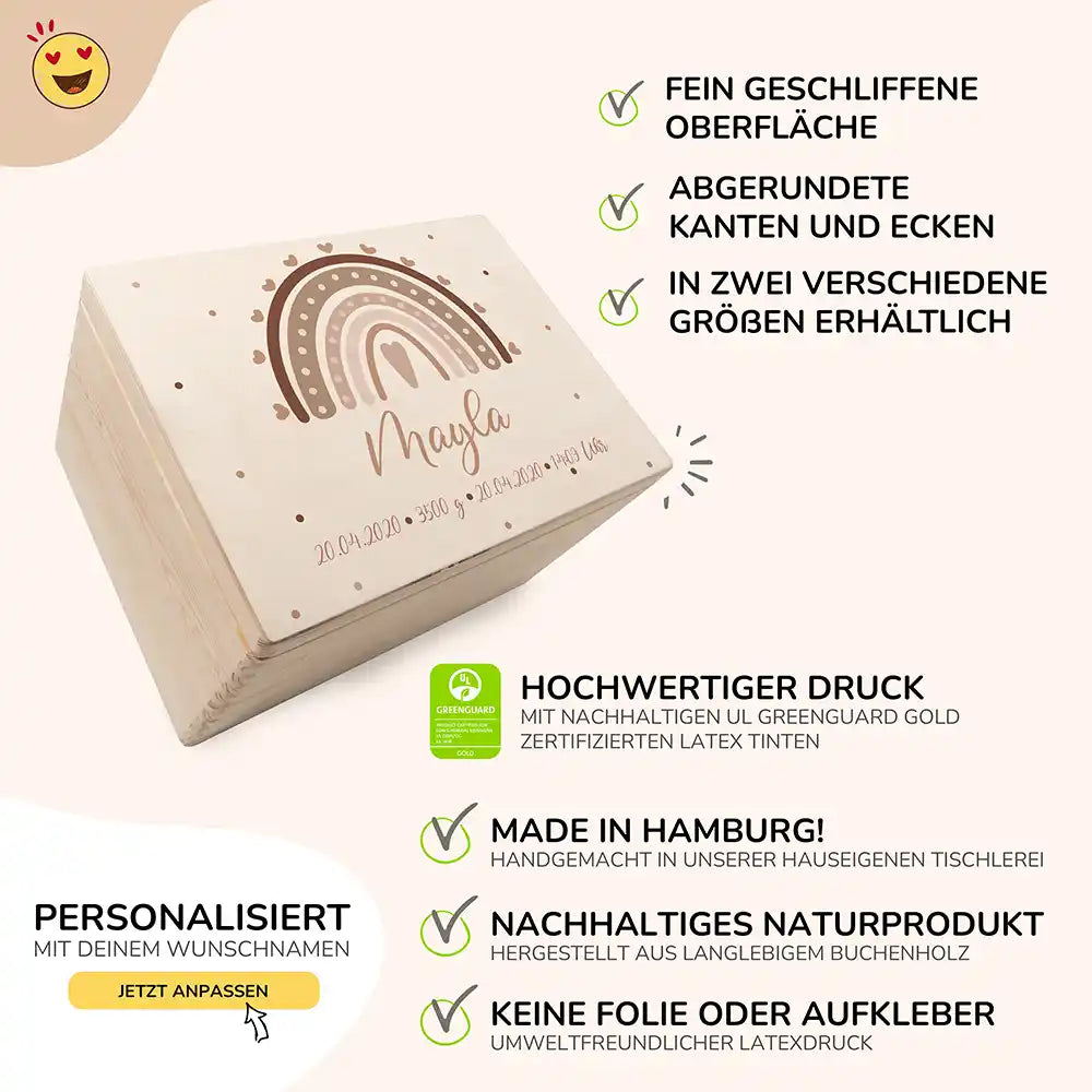 detailansicht der personalisierten kiste mit regenbogen und herz