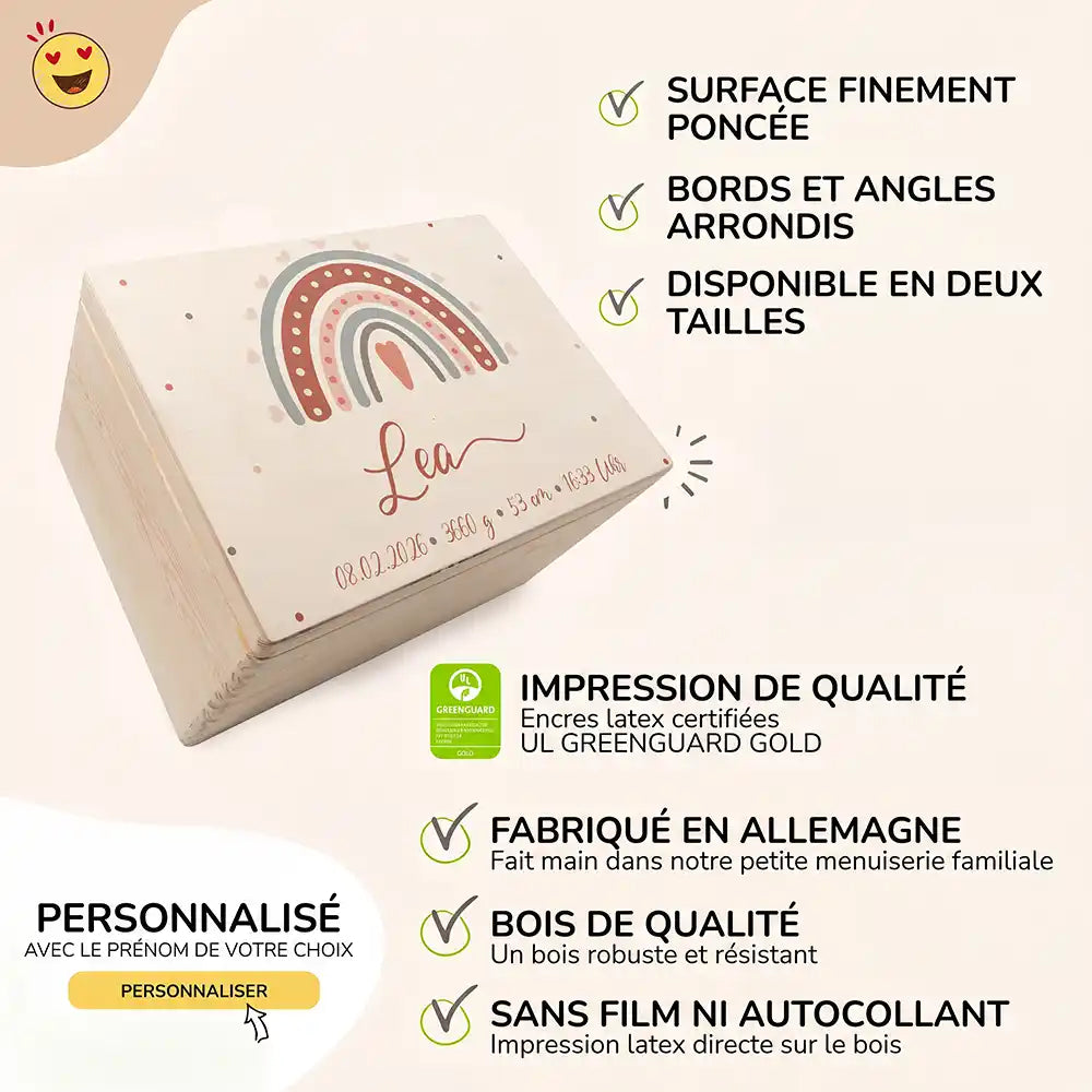 Boîte à souvenirs bébé personnalisée Arc-en-ciel boho – surface poncée, bords arrondis, impression directe sur le bois