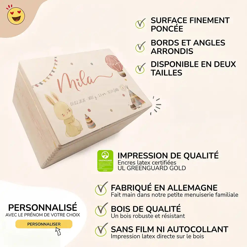 Boîte à souvenirs bébé personnalisée Lapin et montgolfière – surface poncée, bords arrondis, impression directe sur le bois