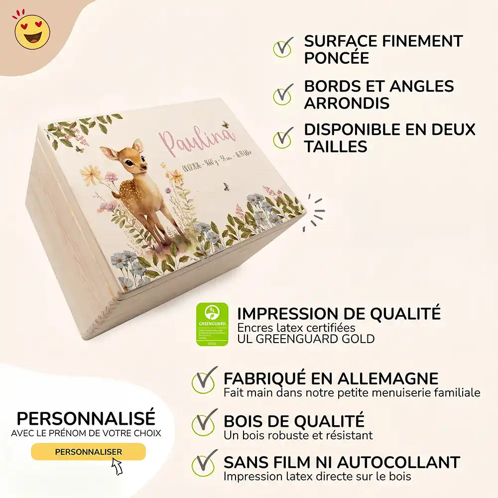 Boîte à souvenirs bébé personnalisée Faon fleurs des champs – surface poncée, bords arrondis, impression directe sur le bois