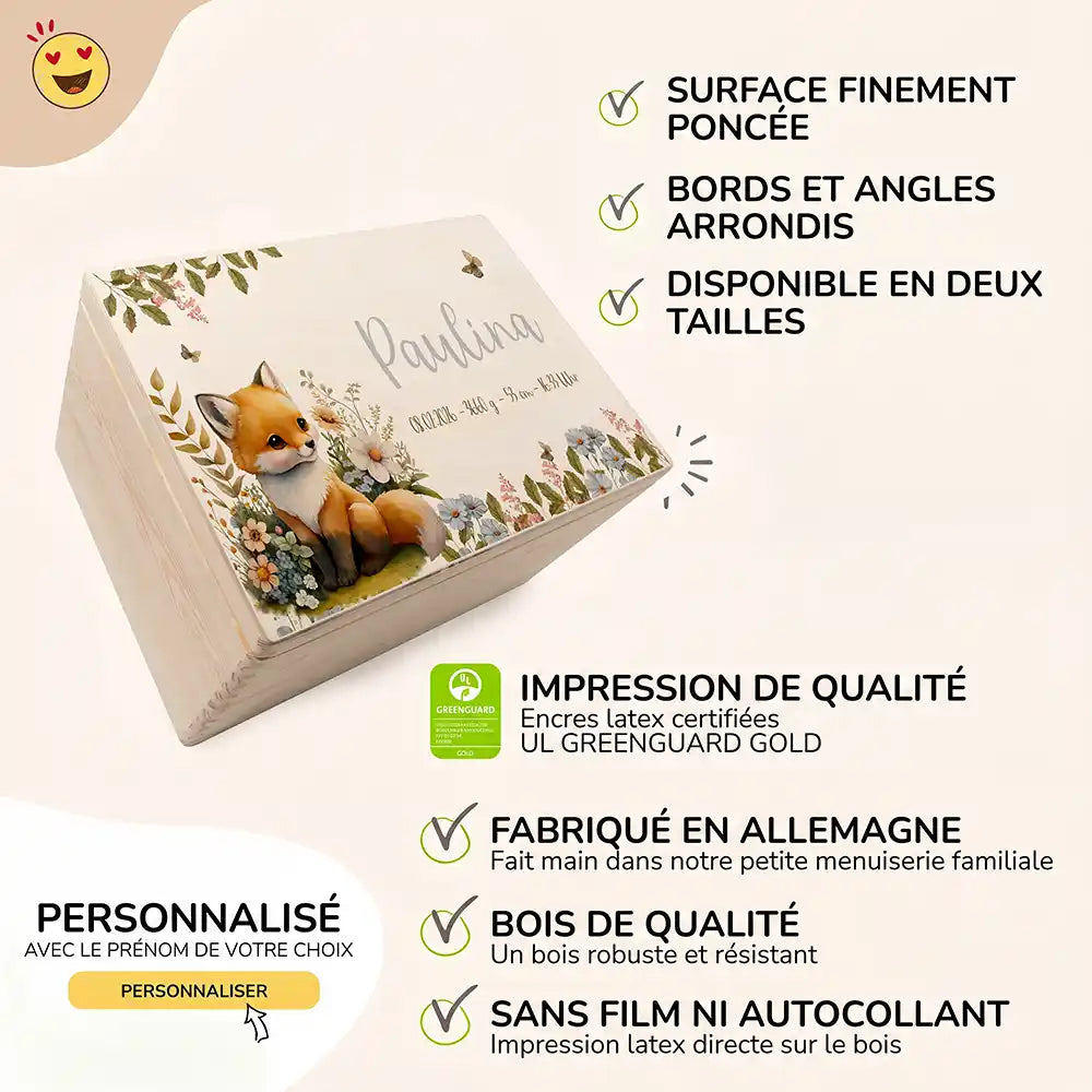 Boîte à souvenirs bébé personnalisée Bébé renard – surface poncée, bords arrondis, impression directe sur le bois